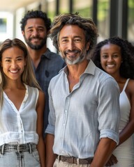Fototapeta premium Portrait of successful group of business people at modern office looking at camera. Portrait of happy businessmen and satisfied businesswomen standing as a team. Multiethnic group of people smiling.