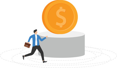 Businessman running around the money. Goal is on a high pedestal. Business man in search of the right path to business or career development. Find a path to success and goals. flat vector illustration