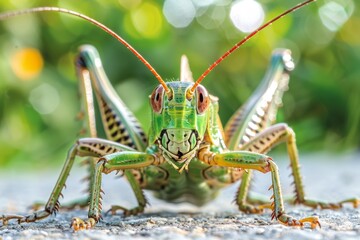 Fototapeta premium A close-up shot of a vibrant green grasshopper with large bulging eyes perched on a surface, staring directly at the camera, showcasing its unique beauty in its natural habitat