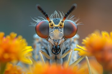 A captivating close-up photo of a hoverfly with red eyes and furry face. Its intricate details, delicate wings, and vivid setting on a yellow flower highlight the hidden beauty of the insect world
