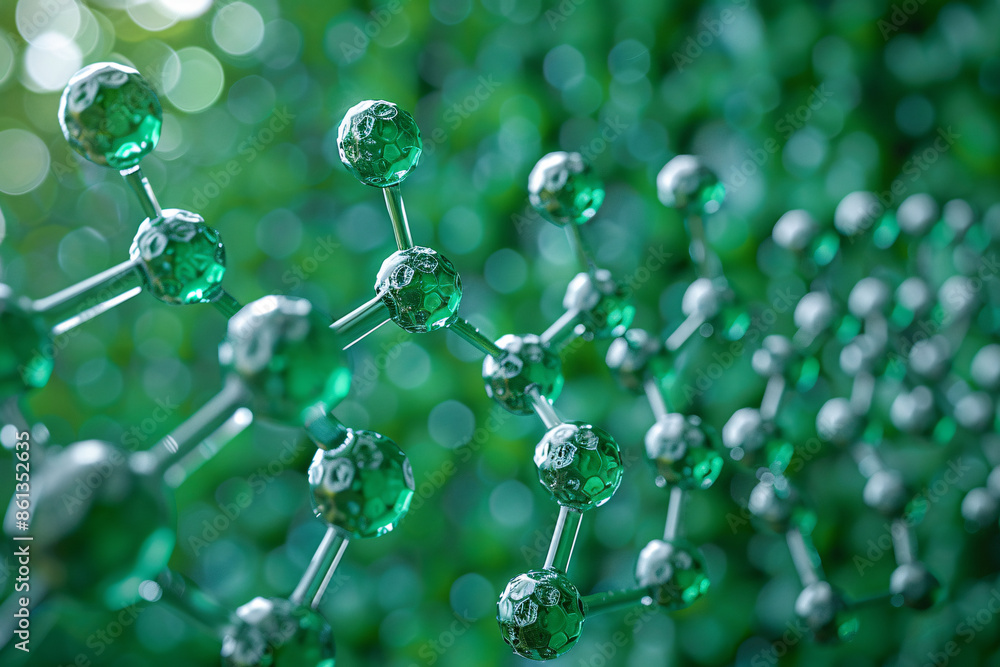 Poster a close-up of green interconnected molecules, displaying spherical nodes and connecting rods, with a