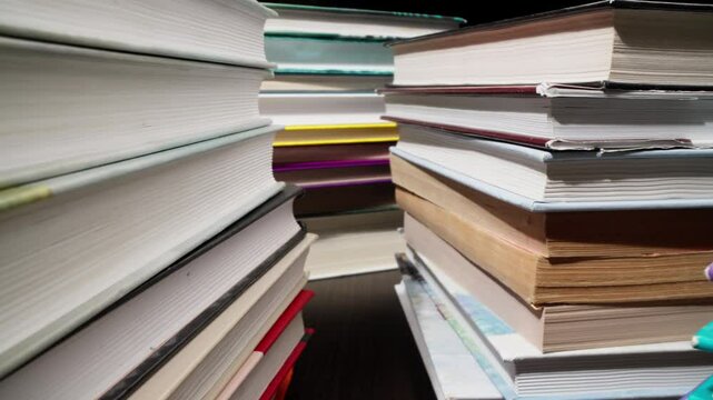 Library towers of books. Tower of knowledge. Close-up view of stack of books. Bookstore. Stack of books, showcasing their various colors, textures, and sizes. Slider dolly shot in 4K, UHD