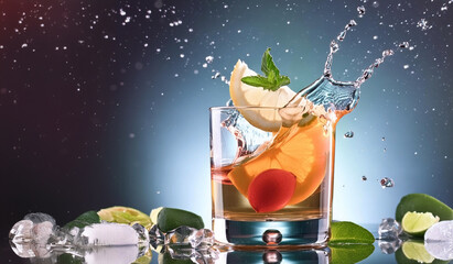 Alcohol cocktail on dark background, with drink splashes