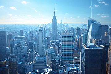 A daytime cityscape with numerous skyscrapers, dominated by the Empire State Building in the center. Clear blue skies add brightness to the urban panorama