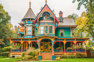 Fototapeta premium A Victorian-era house with ornate details, a wraparound porch, and vibrant colors.