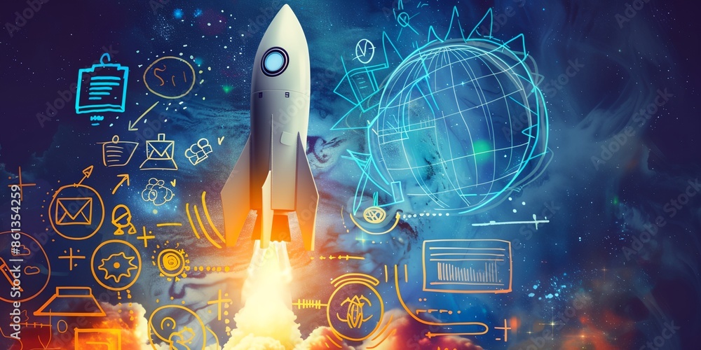 Poster a rocket is launching into space with a blue background and a lot of other symbols and shapes. conce