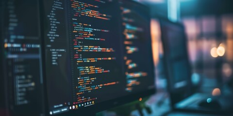 A computer monitor displays a colorful code on its screen. The code is complex and he is written in a foreign language. Concept of mystery and intrigue