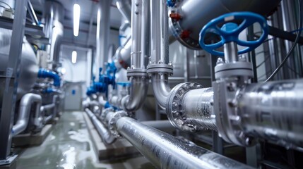 Steel pipelines and valves with visible condensation in a refrigeration unit within a food processing plant