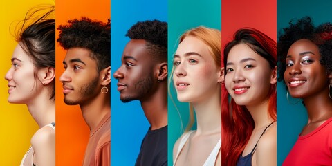 A group of people with different hair colors and styles are smiling at the camera. Concept of diversity and inclusivity, celebrating the beauty of different hair types and colors