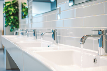 Closeup raw of washing sinks with taps in a modern public restroom interior