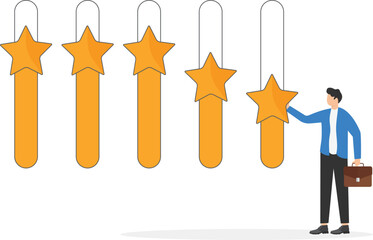 Customer experience. User moves sliders with stars and puts a positive mark. Online survey. Star slider. Feedback, voting. Quality control. Testimonials, review concepts. Flat vector illustration

