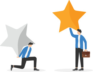 Businessman with bad reputation, broken star, loser man. Confident entrepreneur with high rating, excellent reputation and sowing star. Employees with different qualifications. Feedback, reviews.

