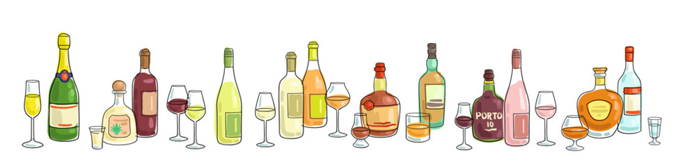 Collection of various bottles of wine, strong alcohol and diversity of glasses. Banner in line style. Isolated on white background. Vector flat illustration. Template for menu design