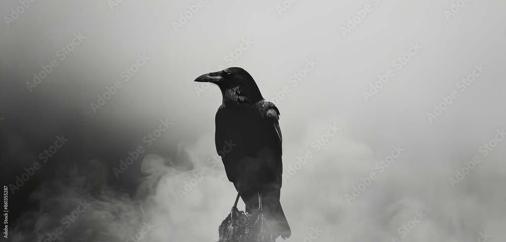 Poster a black crow is standing on a branch in front of a foggy background. the image has a mysterious and 