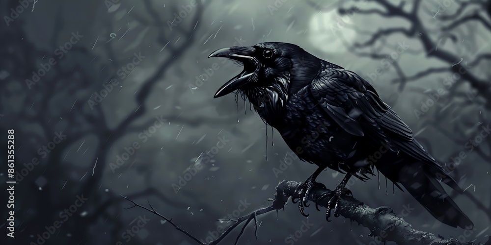 Poster a black crow is perched on a branch in the rain. the image has a dark and moody atmosphere, with the