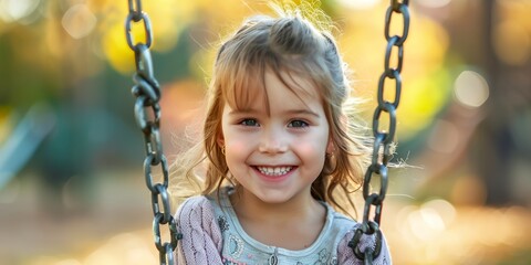A young girl is smiling and sitting on a swing. Concept of happiness and playfulness