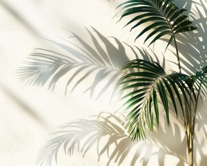 Green tropical palm tree and shadow on a pastel background. Top view. Flat lay.