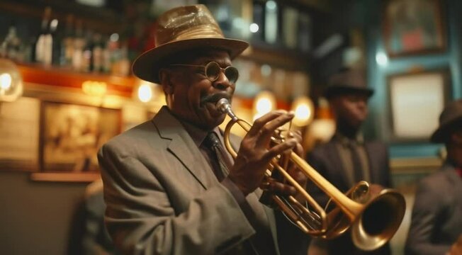 Jazz band performance in New Orleans bar. Mardi Gras. Musicians playing soulful tunes. Black people