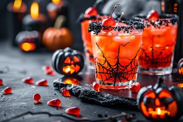 A Halloween themed drink is served in a glass with a spider web design. The drink is garnished with a cherry and is surrounded by pumpkins and other Halloween decorations
