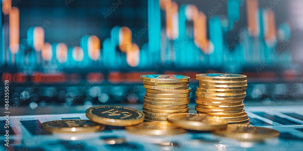 Poster a pile of gold coins sits on a table next to a graph. the coins are stacked in a pyramid shape, with