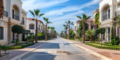 Fototapeta premium A street with a row of houses and palm trees