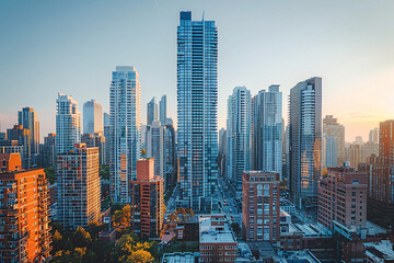 Fototapeta premium A modern cityscape during the day, featuring numerous tall skyscrapers and residential buildings, with a clear blue sky and sunlight illuminating the structures