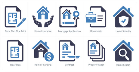 A set of 10 Real Estate icons as floor plan blue print, home insurance, mortgage application