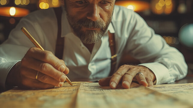 A man drawing a line graph by hand on a table, showcasing the meticulous work behind financial planning. - Powered by Adobe