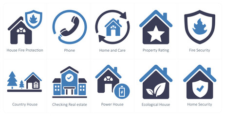 A set of 10 Real Estate icons as house fire protection, phone, home and care