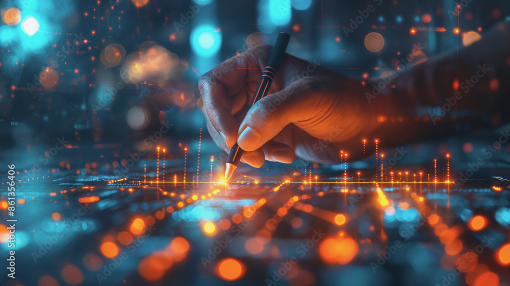 Poster a hand drawing a line graph on a table, symbolizing the direct involvement in charting business grow
