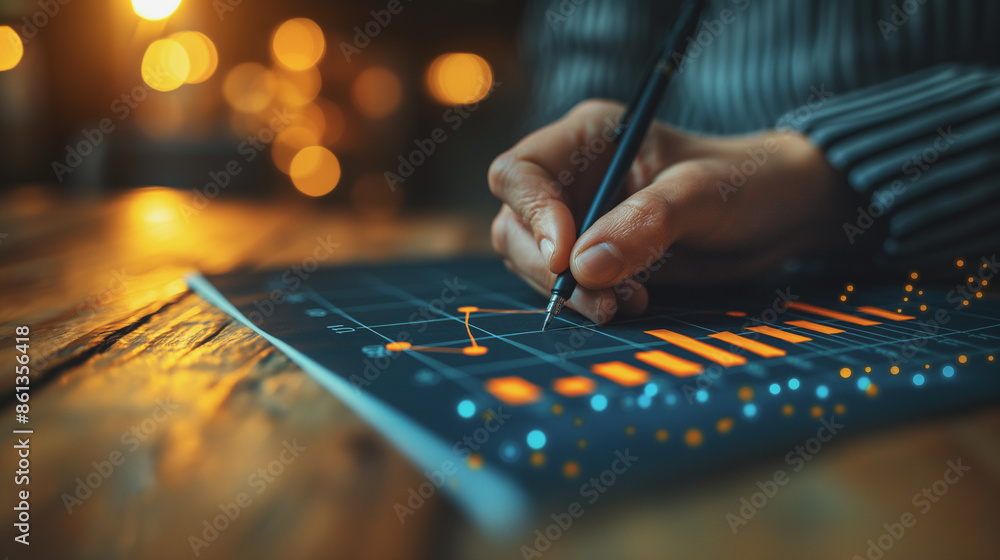Poster a hand drawing a line graph on a table, symbolizing the direct involvement in charting business grow