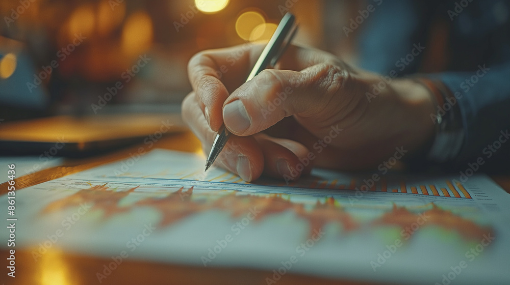 Poster a hand drawing a line graph on a table, symbolizing the direct involvement in charting business grow