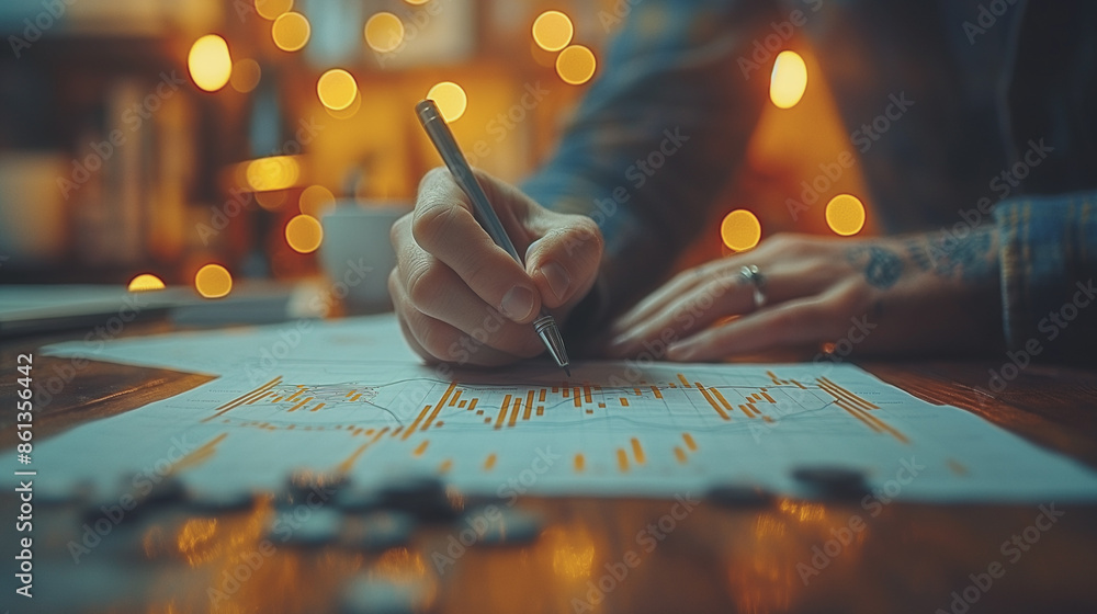 Poster a hand sketches a line graph on a table, illustrating the process of creating financial projections.