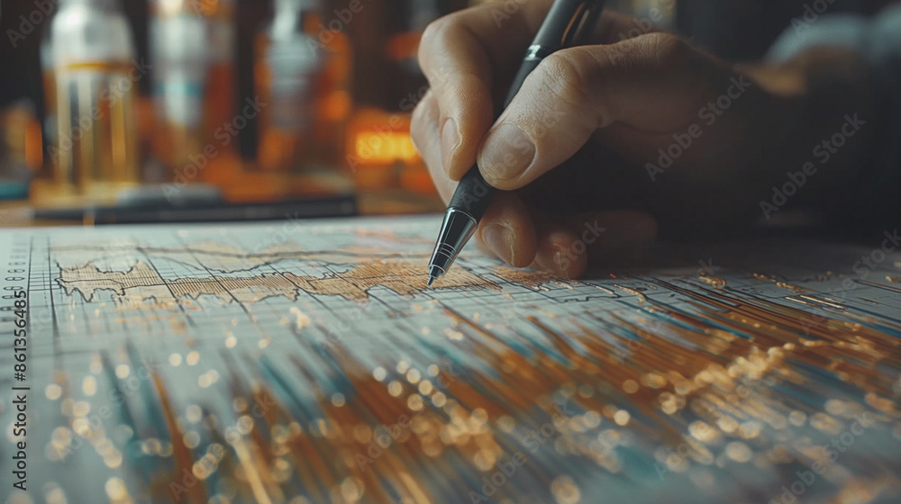 Poster a hand sketches a line graph on a table, illustrating the process of creating financial projections.