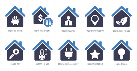 A set of 10 Real Estate icons as house saving, rent increment, realty owner