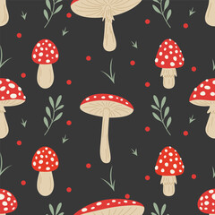 Vector Seamless Pattern with Hand Drawn Cartoon Fly Agaric Mushrooms. Amanita Muscaria, Fly Agaric Illustration, Mushrooms. Magic Mushroom Print, Design Template