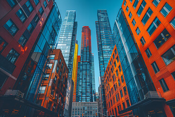 A vibrant cityscape with towering glass and brick buildings reflecting sunlight, set against a...