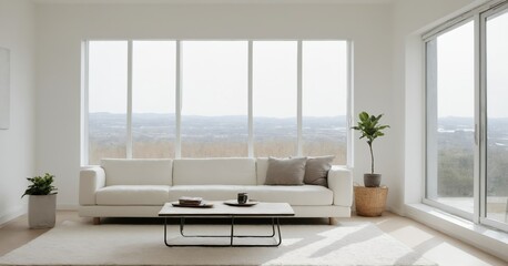 Fototapeta premium A bright, minimalistic living room with a white sofa, coffee table, indoor plants, and large windows showcasing a mountain view. Ideal for home decor ideas, modern home staging.
