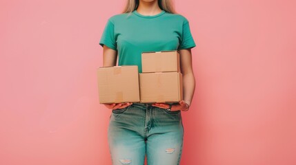 The woman holds cardboard boxes