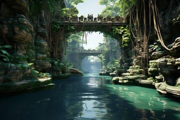 The river flows through a lush green jungle with ancient stone bridges crossing over it. The water is crystal clear with a beautiful reflection of the sky and trees on its surface