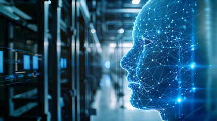 artificial Intelligence concept with digital human head in data center room