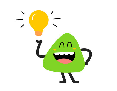 Vector cartoon illustration of cute abstract shape happy character with light bulb in hand on white color background. Flat style child doodle design of smile geometric monster. Kid character and idea