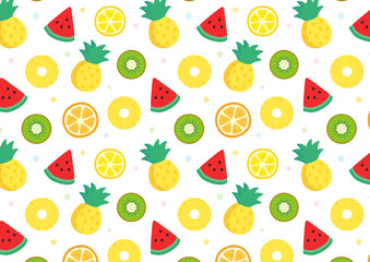 夏のトロピカルフルーツのパターン素材、スイカやパイナップル、オレンジやレモンのかわいい背景壁紙素材