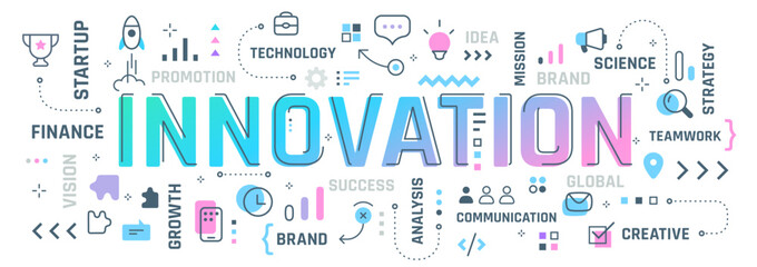 Vector creative illustration of innovation word typography with line icon, word cloud on white color background. Innovation business infographic colorful concept. Line art style design