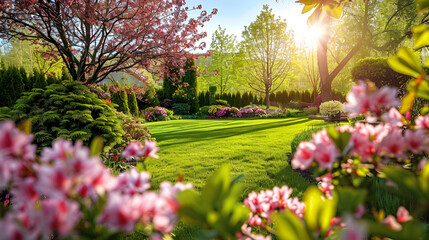 Delightful Flowery Landscape,utiful spring garden with blooming flowers, Spring flowers background, beautiful spring garden with flowers and lawn gras
