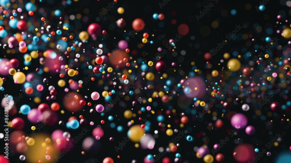 Poster colorful particles float in dark space, ideal for varied backgrounds with an abstract and dynamic to
