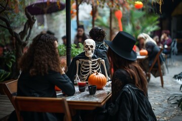 skeletons dressed in costumes celebrate Halloween