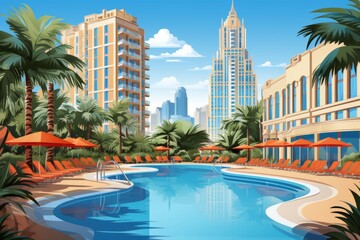 Fototapeta premium The luxurious swimming pool at the five-star resort is a serene oasis surrounded by palm trees and modern design. Guests can unwind in style and tranquility, creating unforgettable vacation memories