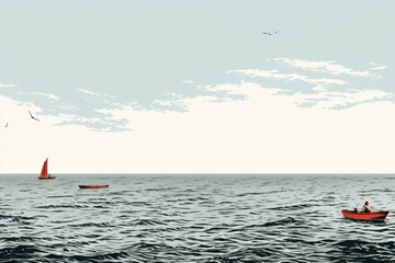 Two red rowboats gently float on a peaceful sea on a misty day. The calm waters reflect the sky, creating a tranquil and serene atmosphere perfect for relaxation and contemplation