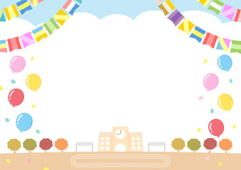 運動会の背景素材、学校の校舎と秋の木と運動場のベクターイラスト02